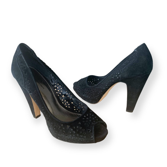 INC INT'L CONCEPTS Suede Peep Toe Heels Pumps Cocktail Work Perforated Black 8.5 - Picture 2 of 9